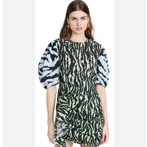 Rhode Pia Tiger Print Color block Wrap Ruched Mini Puff Sleeve Dress - Picture 1 of 13